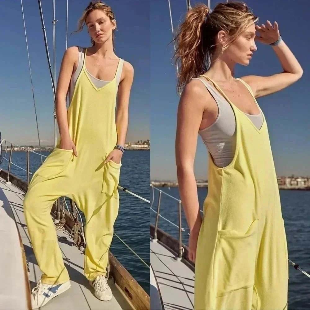 FP Movement Free People Hot Shot Jumpsuit Yellow Terry Cloth Romper Size L Beach